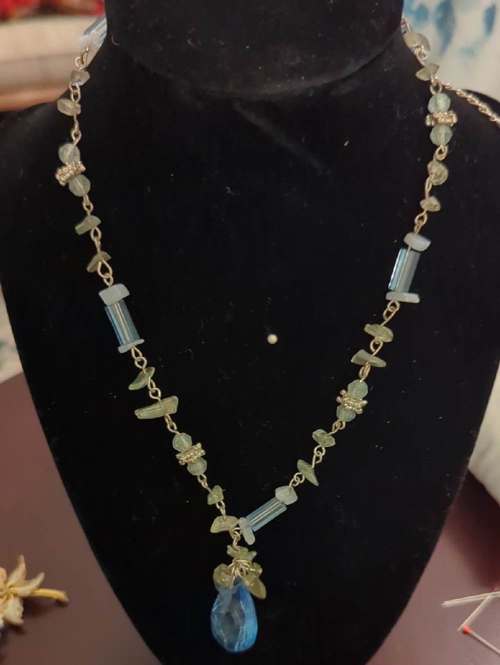 Blue Teardrop Pendant Necklace with Green Bead Accents - Women Jewelry